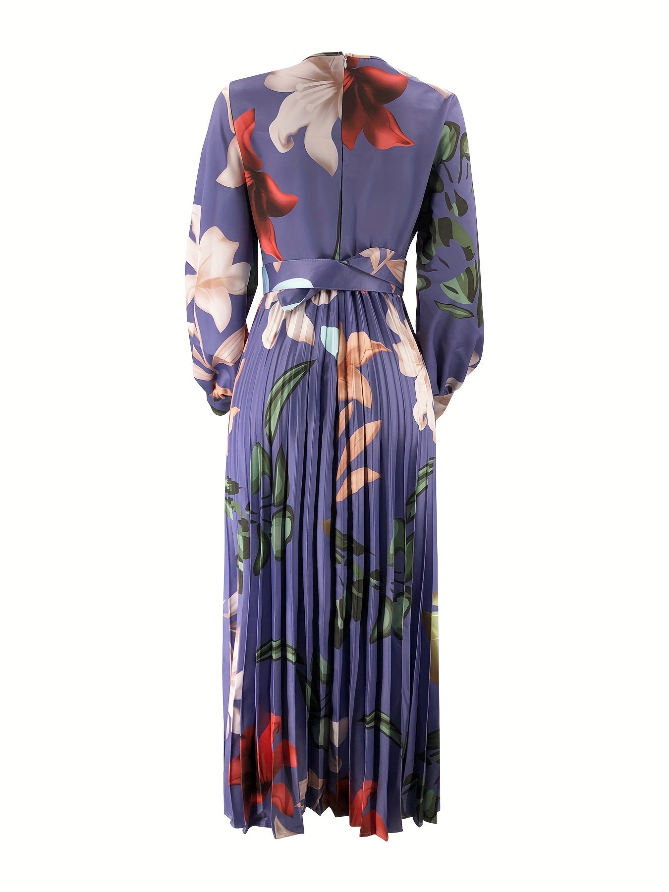 Elegant Floral Pleated Maxi Dress for Women - Long Sleeve, Belted Waist, Polyester & Spandex Blend, Machine Washable