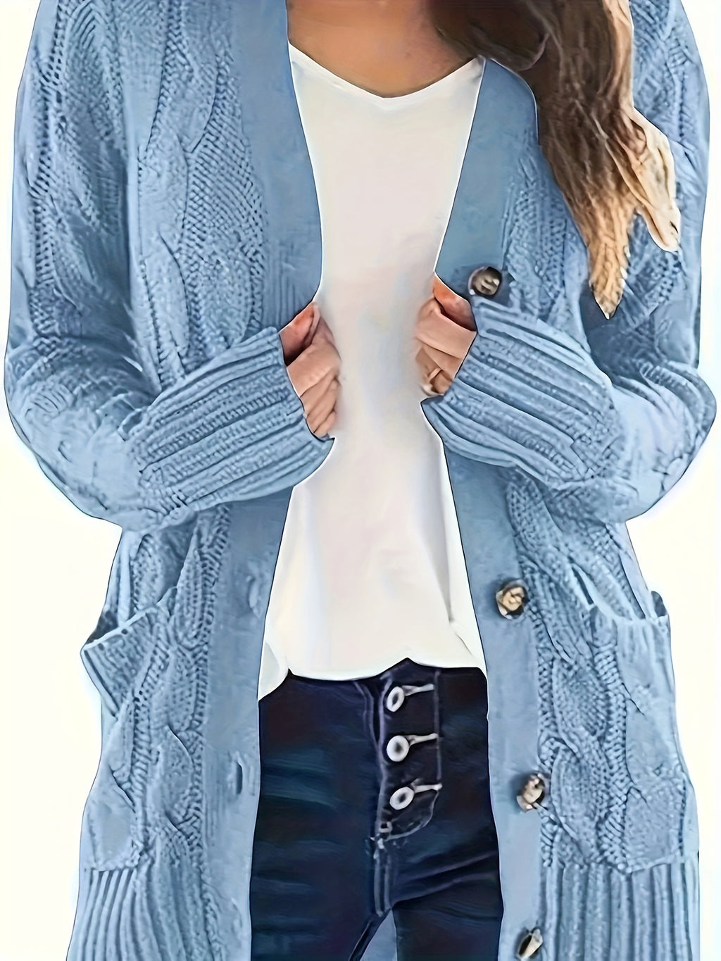 Plus Size Side Pockets Button Front Cardigans, Casual V Neck Solid Color Long Sleeve Cable Knit Cardigans Top For Winter & Fall, Women's Plus Size Clothing
