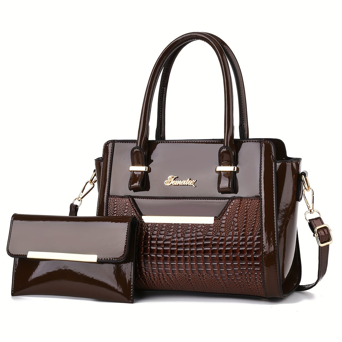 Classic Solid Color Crocodile Pattern Handbag with Clutch Purse, Textured Bags for Wo