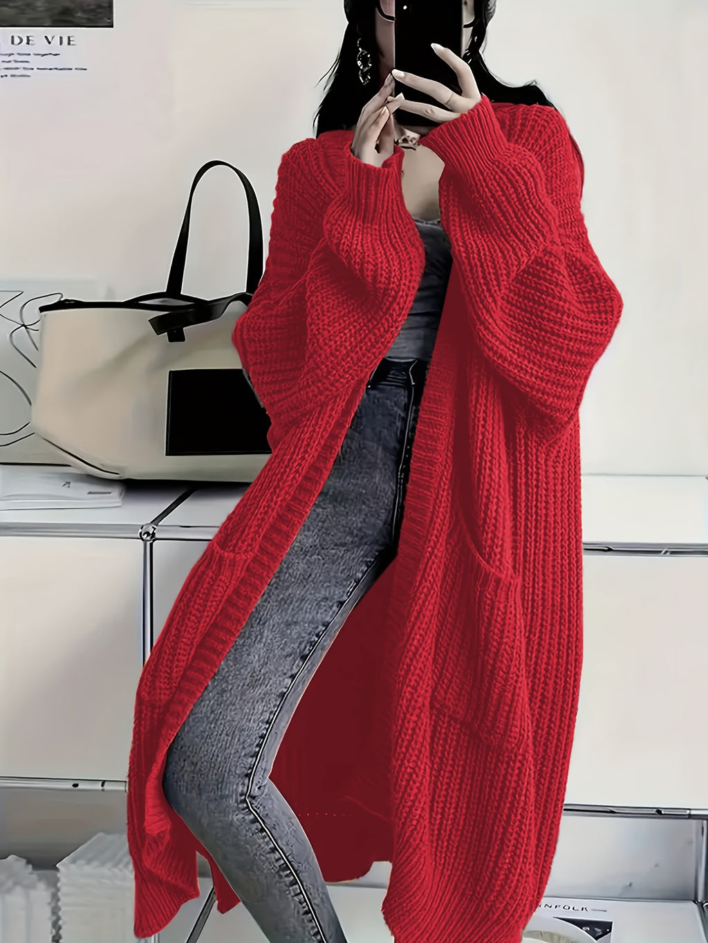 Plus Size Open Front Loose Knit Cardigan, Casual Long Sleeve Long Length Cardigan With Pocket, Women's Plus Size Clothing