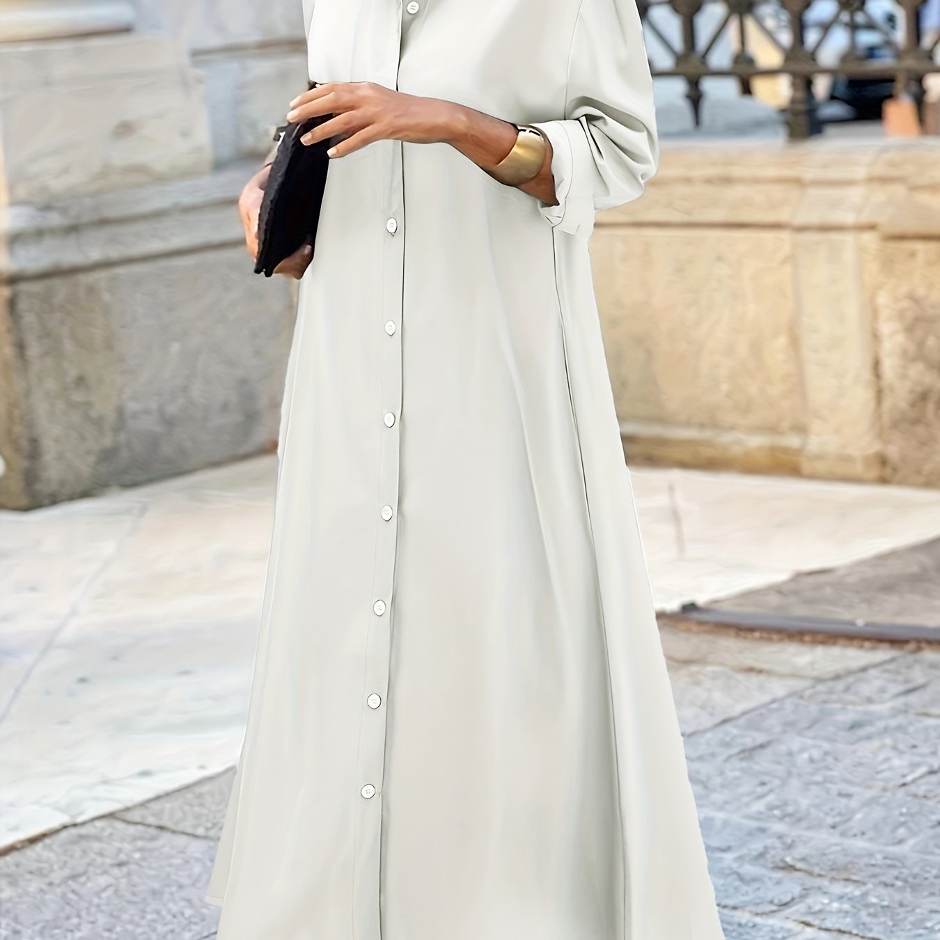 Stylish Plus Size Button Front Polo Collar Long Sleeve Dress - Women's Plus Size Clothing, Casual Solid Color Dresses for Work or Daily Wear - Easy to Match and Comfortable to Wear