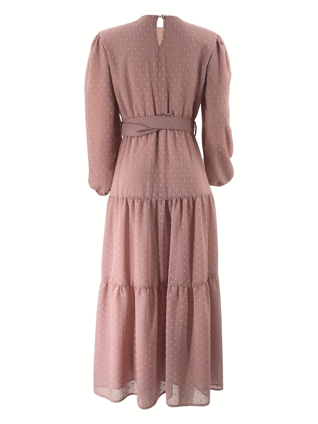 Stunning Swiss Dot Kaftan Maxi Dress - Elegant Long Sleeve, Tie Waist, Flowy Design, Comfortable Women's Clothing for Everyday Wear