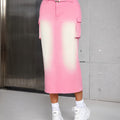 Washed Pinkish Pastel Color Adjustable Belt Side Flap Pocket Cargo Midi Denim Skirt, Women's Denim Jeans & Clothing