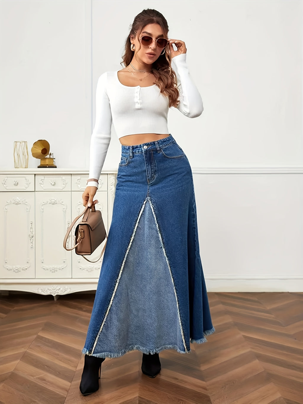 Two Tone Patchwork Denim Midi Skirt, Frayed Hem Slant Pockets Chic Denim Skirt, Women's Denim Clothing