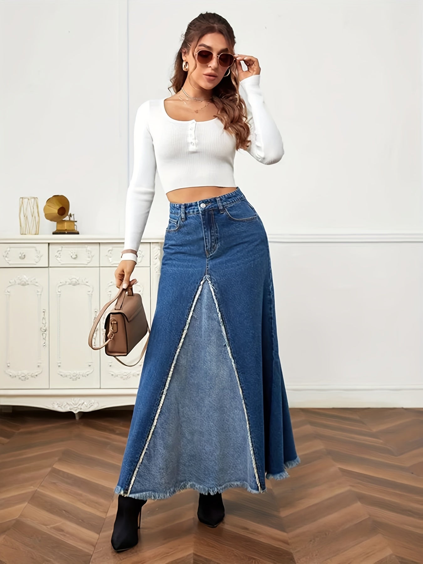Two Tone Patchwork Denim Midi Skirt, Frayed Hem Slant Pockets Chic Denim Skirt, Women's Denim Clothing