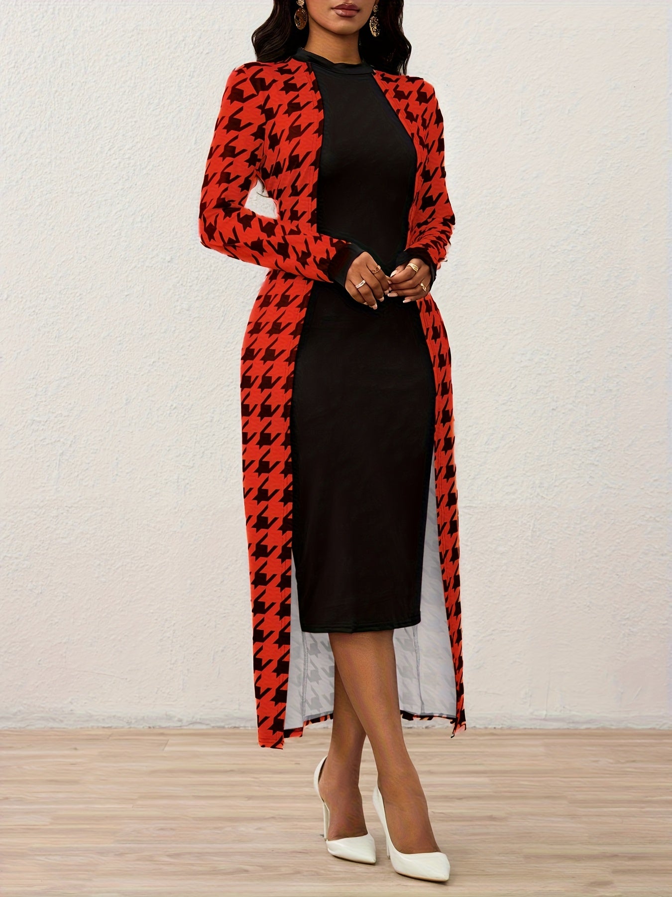 Elegant Long-Sleeve Houndstooth Maxi Dress | Spring Season, Fitted Style, Conventional Collar