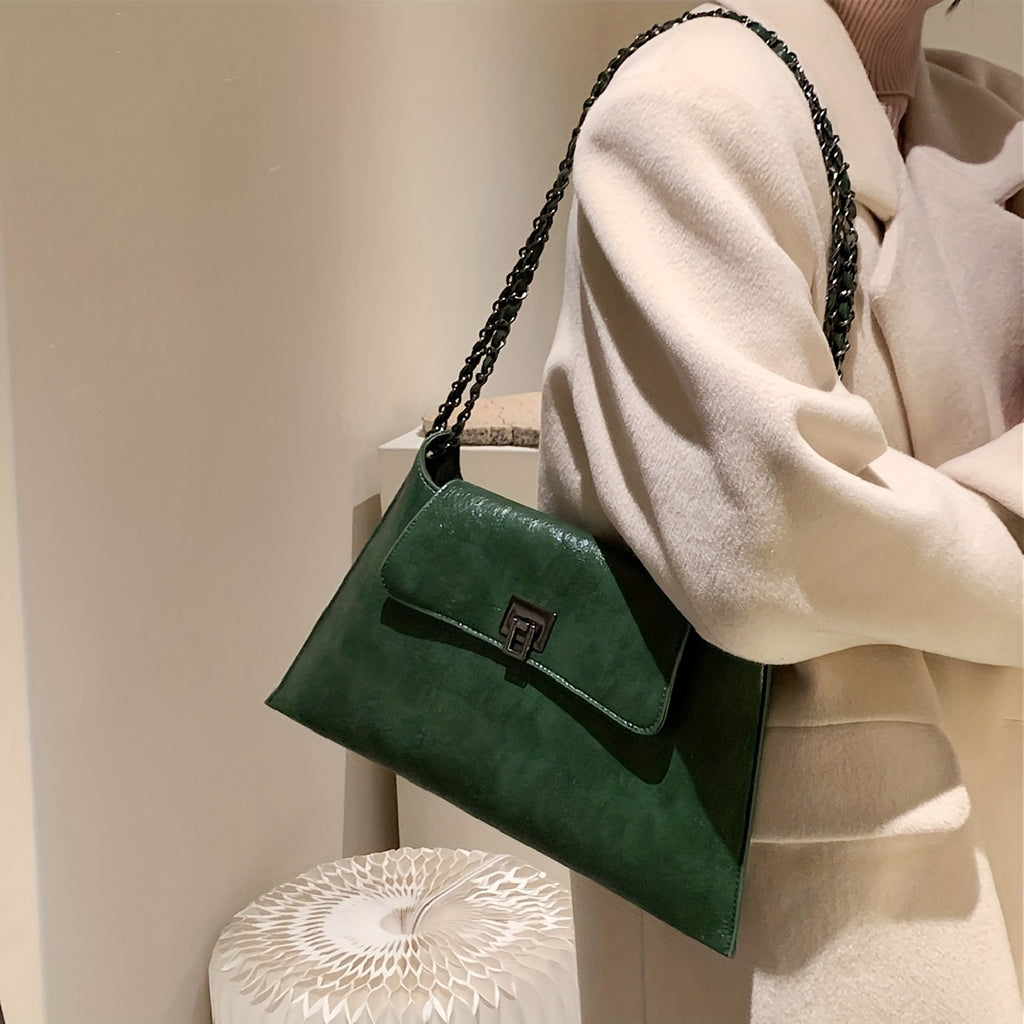 Vintage Glam Metal Chain Baguette Bag - Chic Underarm Purse with Premium Faux Leather Texture and Timeless Chain Strap - Versatile Fashion Accessory