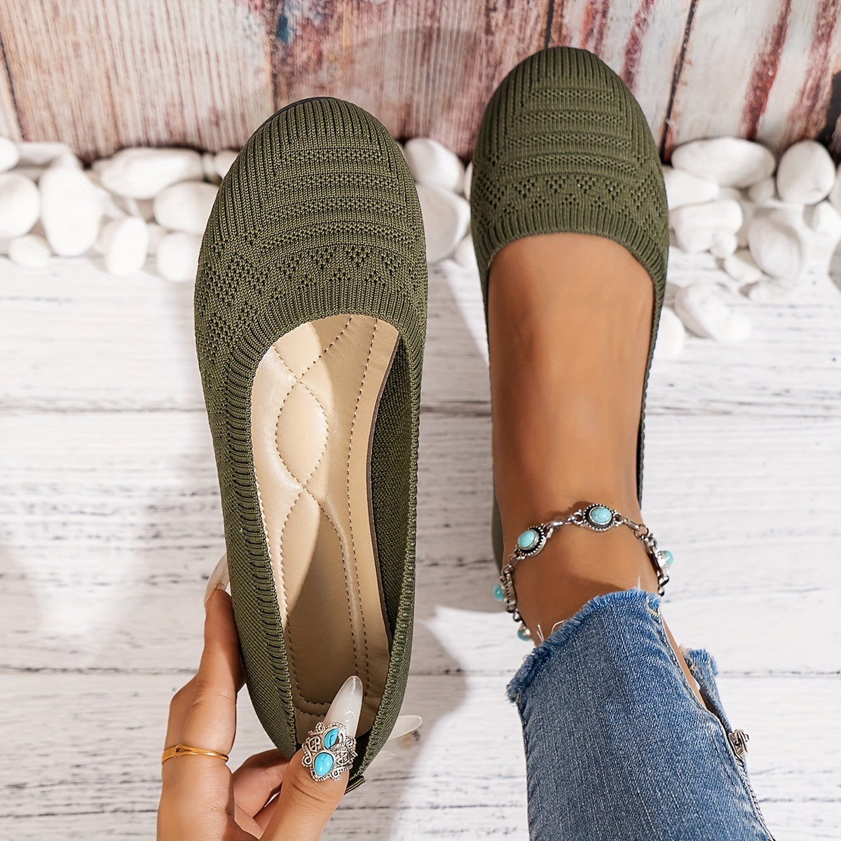 Women'S Light Blue Knit Slip-On Flats with Ankle Strap - Round Toe Casual Shoes, Comfortable Fabric Upper & Synthetic Cover Lining, All-Season Versatile for Casual Attire, Ladies Shoes