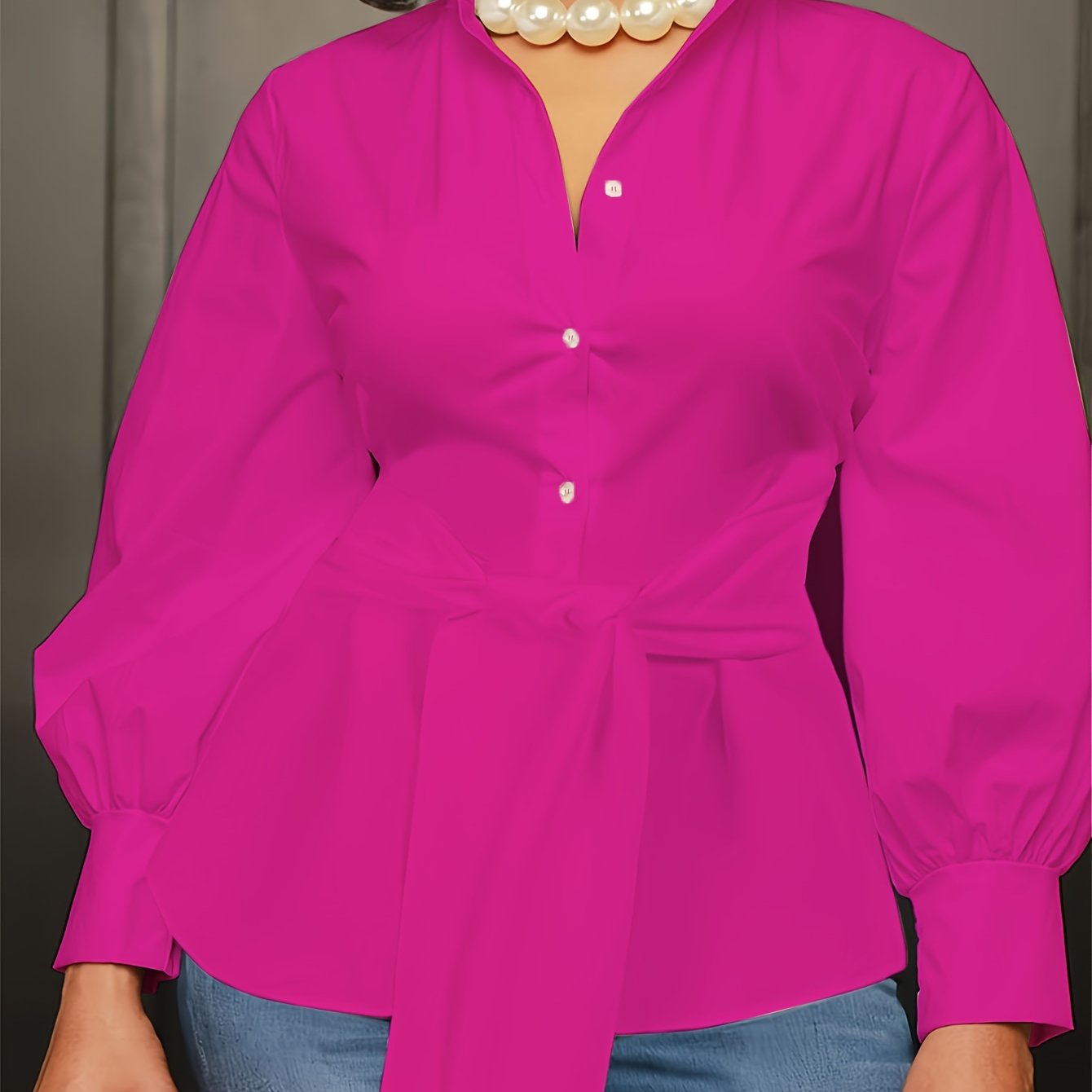[Plus Size Solid Collar Shirt] Plus Size Solid Collared Shirt, Casual Long Sleeve Button Front Shirt, Women's Plus Size Clothing