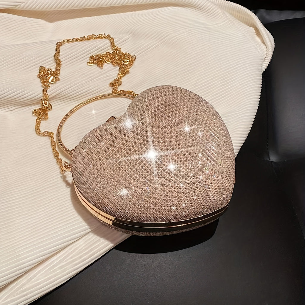Mini Heart-Shaped Box Handbag - Evening Bags with Glitter Chain Crossbody Strap, Sparkly Clasp and Box-Shaped Design for Wedding, Party, Carnaval and Formal Occasions