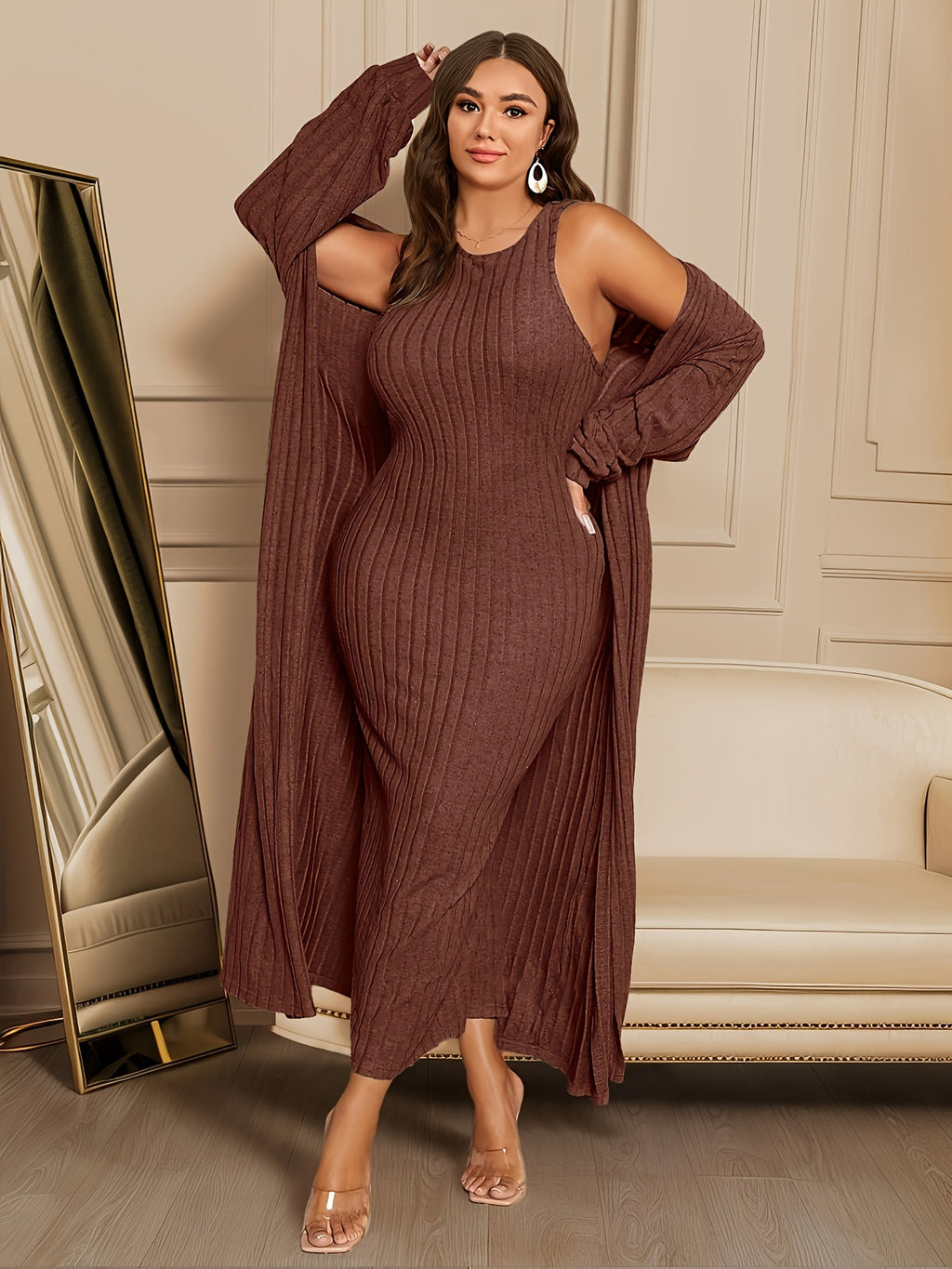 Plus Size Ribbed Chic Two-Piece Set - Long Sleeve Open Front Cardigan, Sleeveless Dress Outfits, Soft Stretchy Fabric, Flattering Fit, Women's Plus Size Clothing for Curvy Figures