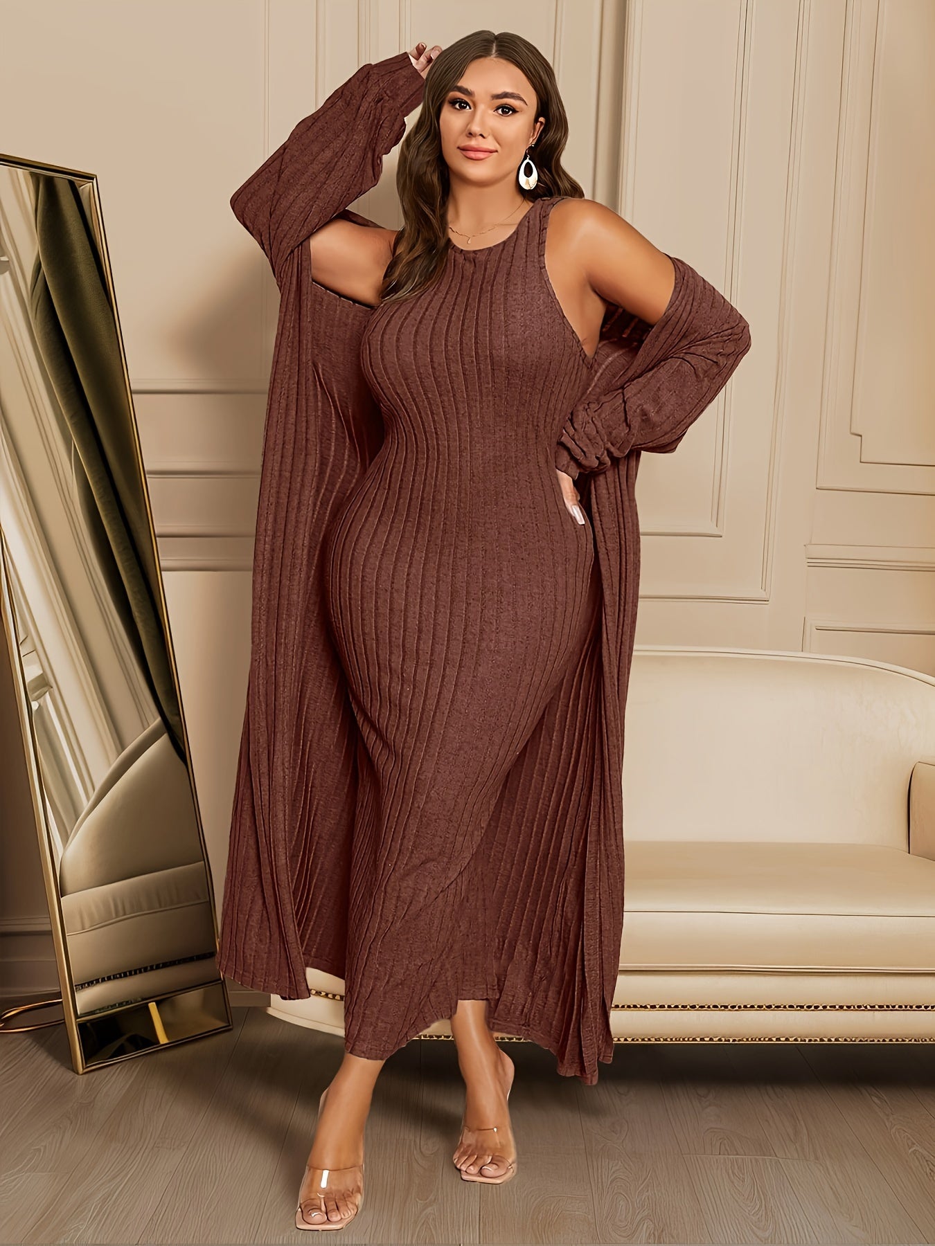 Plus Size Ribbed Chic Two-Piece Set - Long Sleeve Open Front Cardigan, Sleeveless Dress Outfits, Soft Stretchy Fabric, Flattering Fit, Women's Plus Size Clothing for Curvy Figures