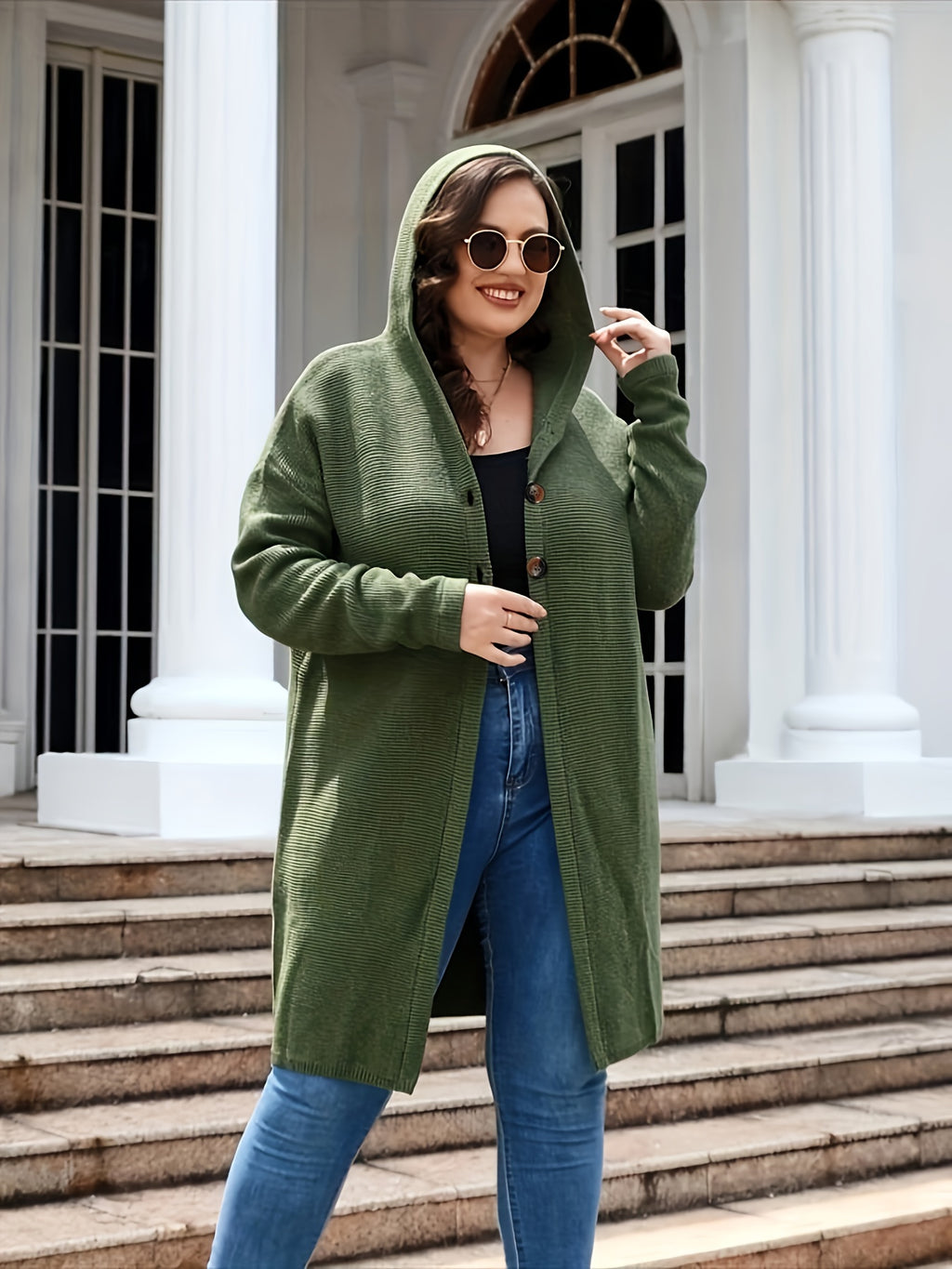 Plus Size Solid Color Hooded Cardigan, Casual Long Sleeve Mid Length Buttons Sweater, Women's Plus Size Clothing