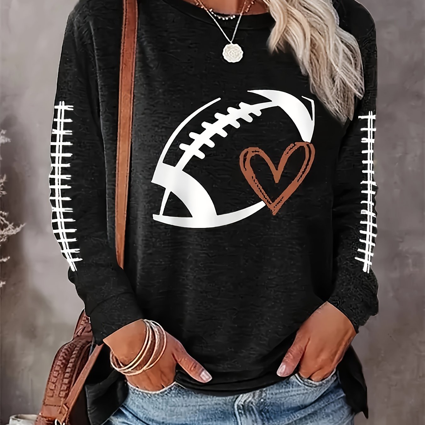 Plus Size Football Print Crew Neck T-shirt, Casual Long Sleeve Top For Spring & Fall, Women's Plus Size Clothing