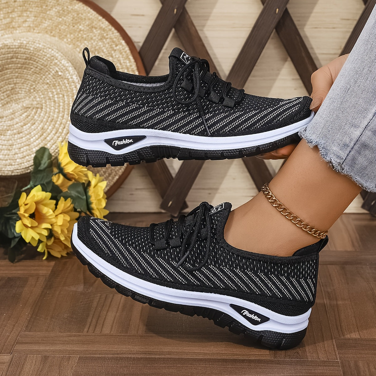 Women'S Breathable Casual Sports Shoes, Knitted Striped Pattern Lace-Up Comfortable Travel Sneakers, Outdoor Anti-Slip Lightweight Walking Beach Vacation Tennis Shoes, Women'S Sneaker, High Cut Shoe Without Lace, Aerobics Dan