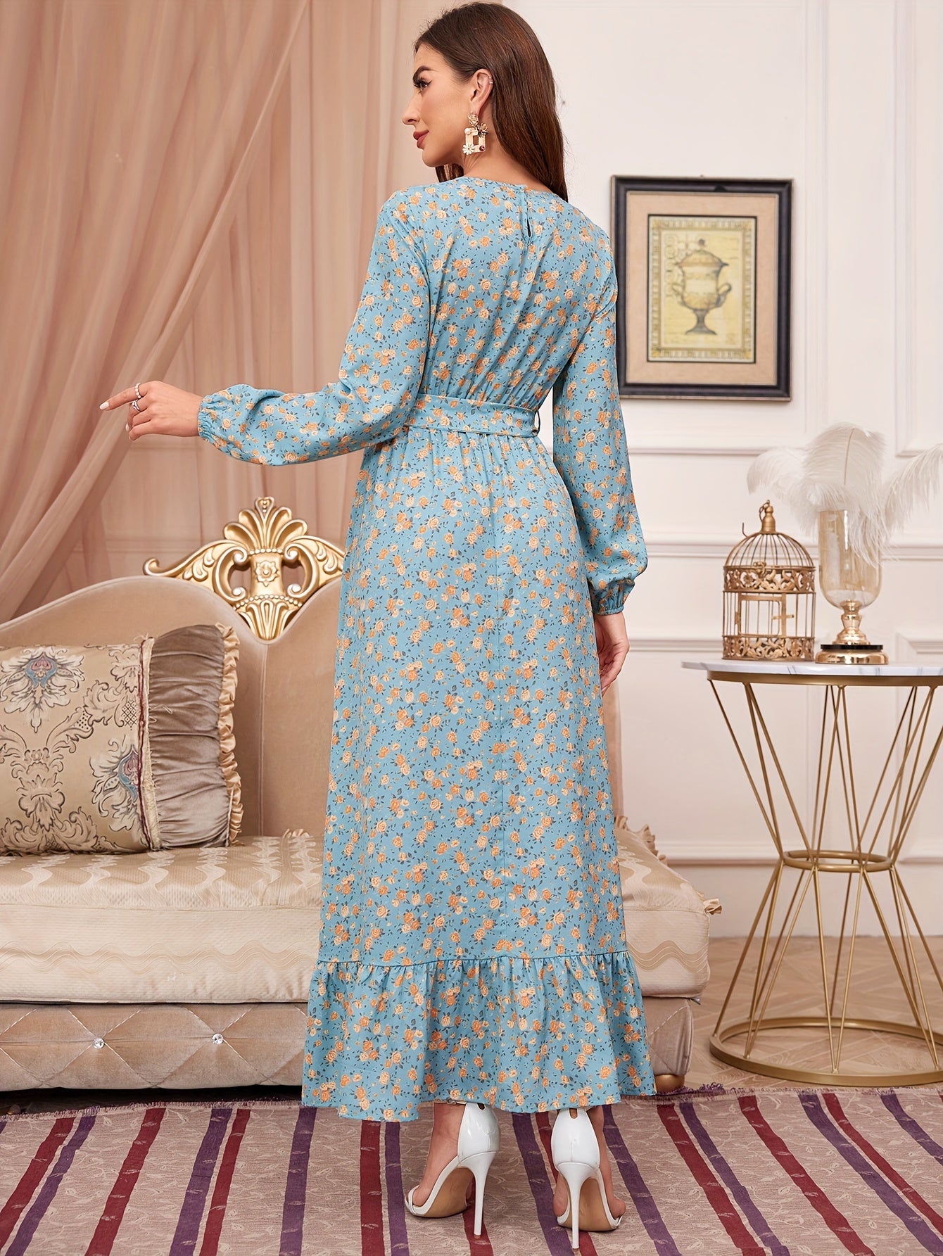 Floral Print Ruffle Hem Dress, Elegant Tucked Long Sleeve Belted Maxi Dress For Spring & Fall, Women's Clothing