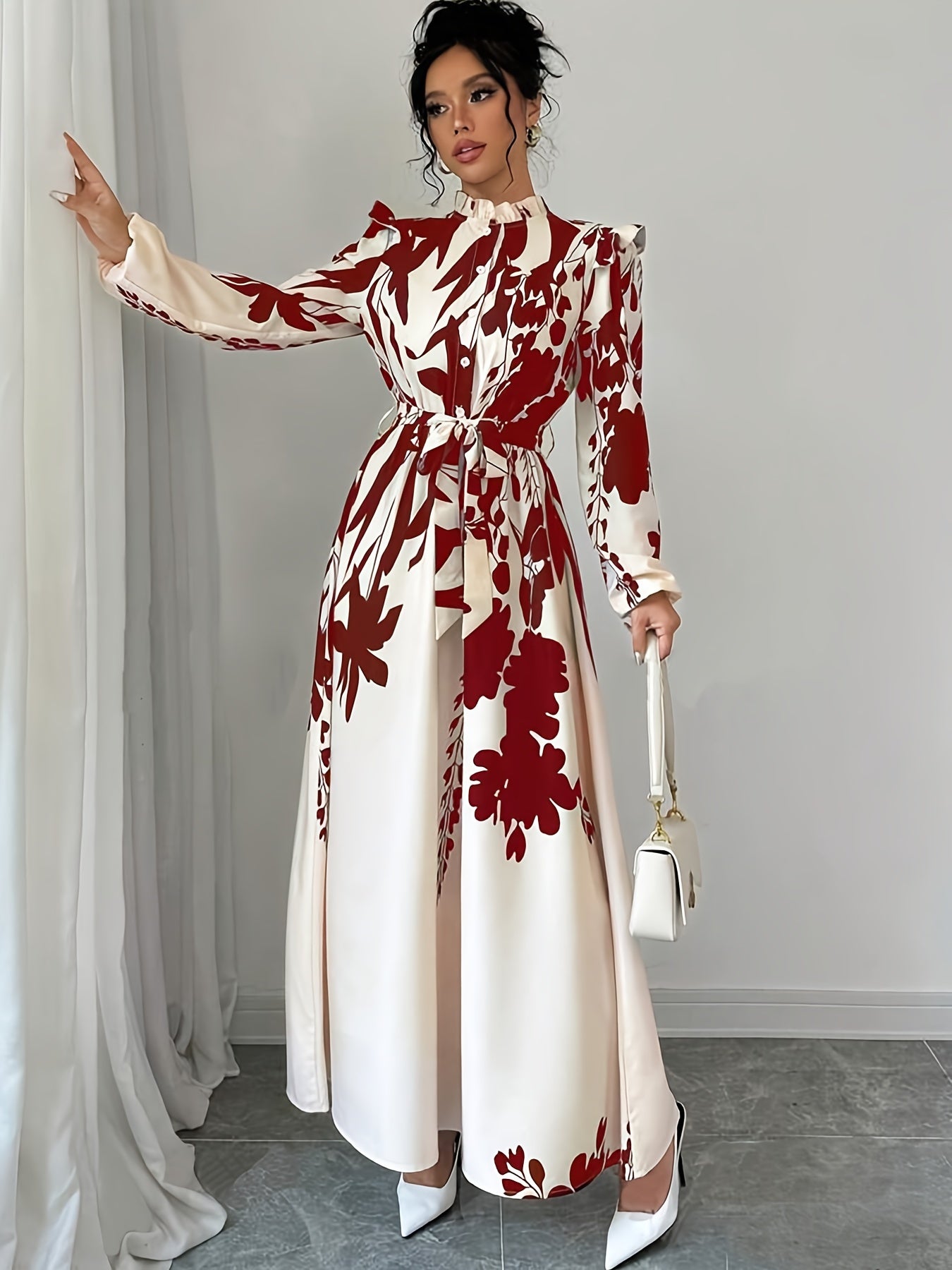 Elegant Floral Print Long Sleeve Dress with Stand Collar and Waist Detail, Polyester A-Line Maxi Dress, with Lantern Sleeves and Ruffle Hem, for Spring/Fall