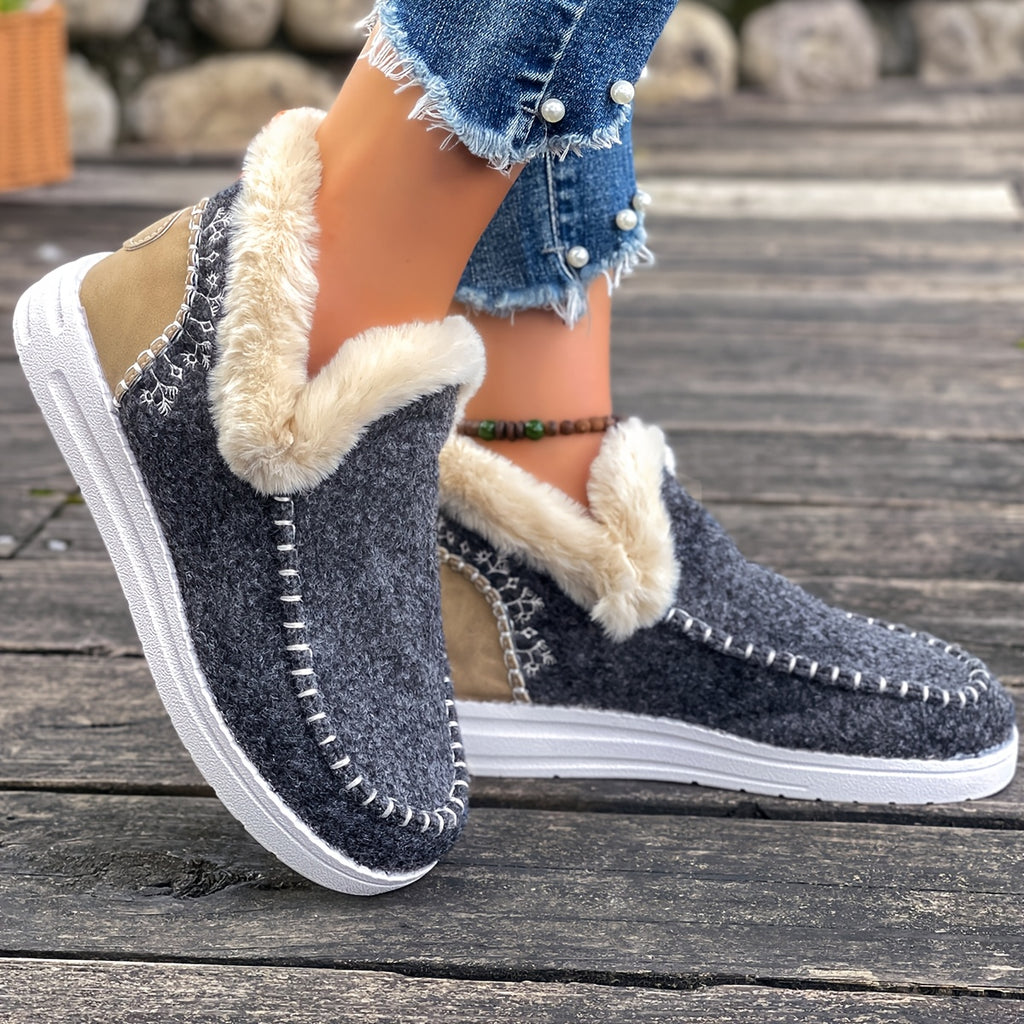Women'S  Cozy Plush Slip-On Snow Boots with Soft Rubber Sole - Lightweight Warm Winter Boots with Cushioned Insole, Round Toe & Arch Support, Casual Outdoor Shoes for Cold Weather, Black & Brown (Canvas Lining) - Ide
