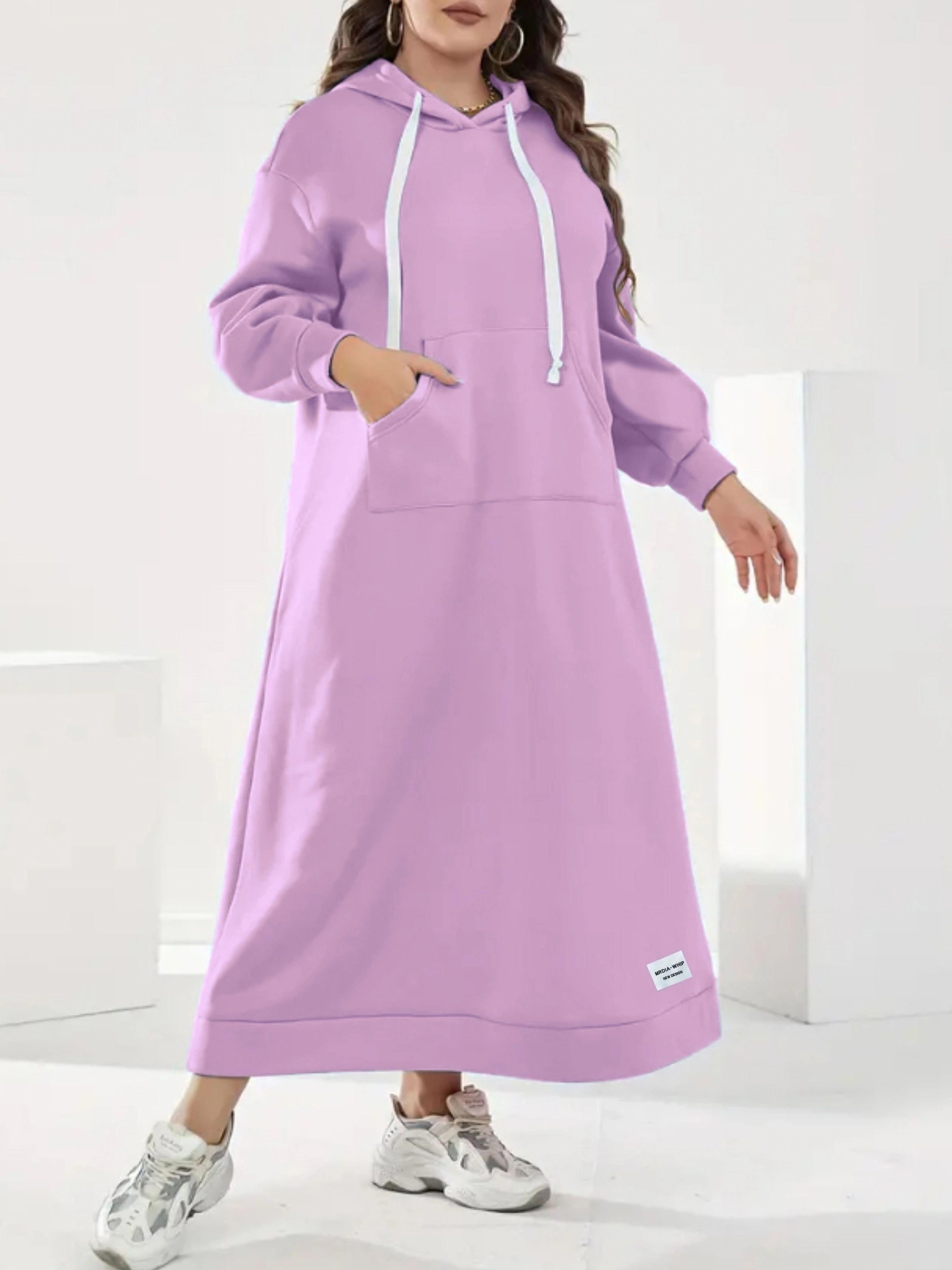 Plus Size Solid Hooded Dress - Soft, Cozy, Long Sleeve with Drawstring Kangaroo Pocket - Casual Maxi Dress for Fall & Winter, Women's Comfortable Plus Size Clothing for Everyday Wear
