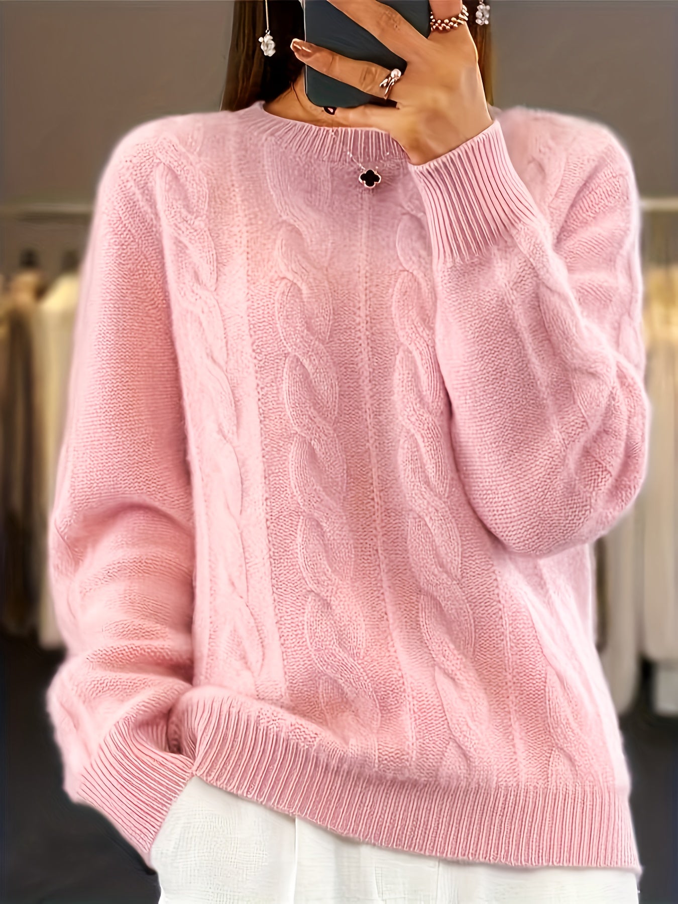 Plus Size Solid Cable Knit Crew Neck Sweater, Elegant Long Sleeve Sweater For Fall & Winter, Women's Plus Size Clothing