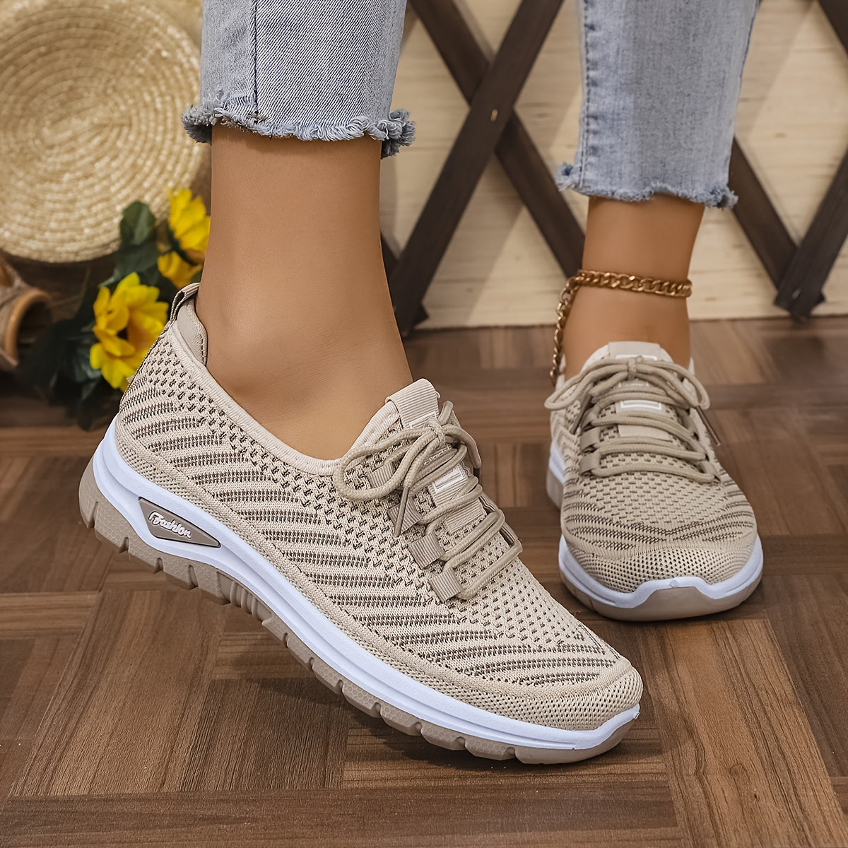 Women'S Breathable Casual Sports Shoes, Knitted Striped Pattern Lace-Up Comfortable Travel Sneakers, Outdoor Anti-Slip Lightweight Walking Beach Vacation Tennis Shoes, Women'S Sneaker, High Cut Shoe Without Lace, Aerobics Dan
