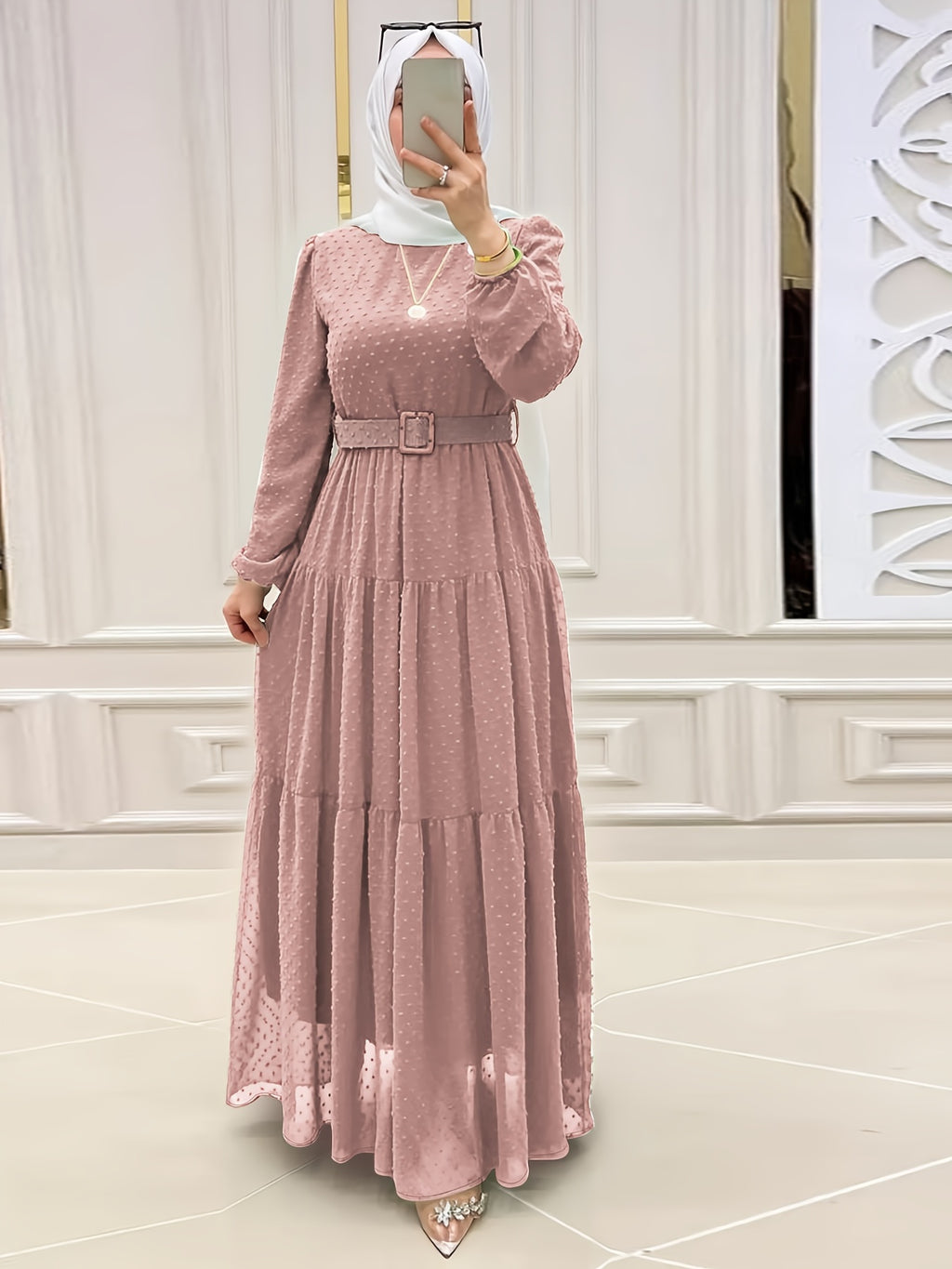 Stunning Swiss Dot Kaftan Maxi Dress - Elegant Long Sleeve, Tie Waist, Flowy Design, Comfortable Women's Clothing for Everyday Wear