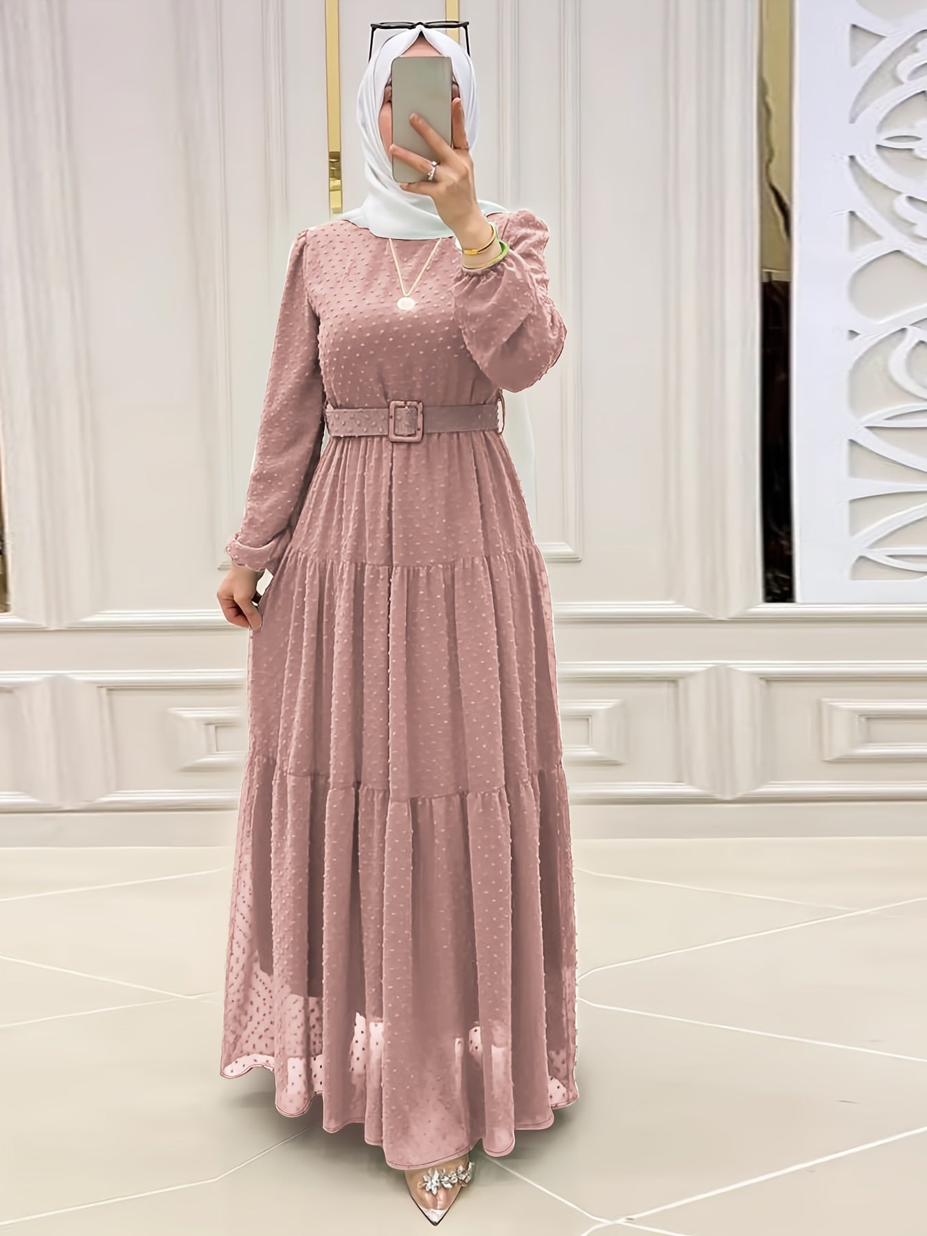 Stunning Swiss Dot Kaftan Maxi Dress - Elegant Long Sleeve, Tie Waist, Flowy Design, Comfortable Women's Clothing for Everyday Wear