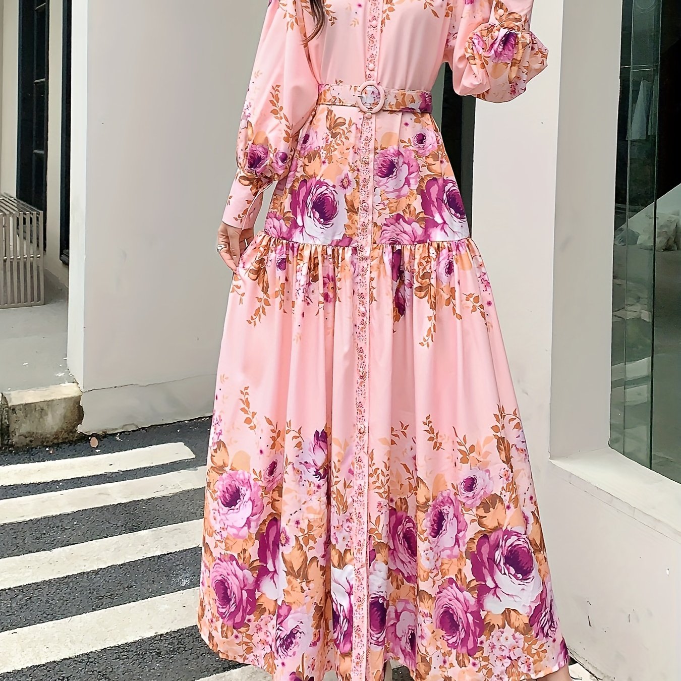 1pc Elegant Vintage Floral Chiffon Dress for Women - Long Sleeve Stand Collar Maxi Dress with Belt Detail, Regular Fit Woven Dress for All Seasons