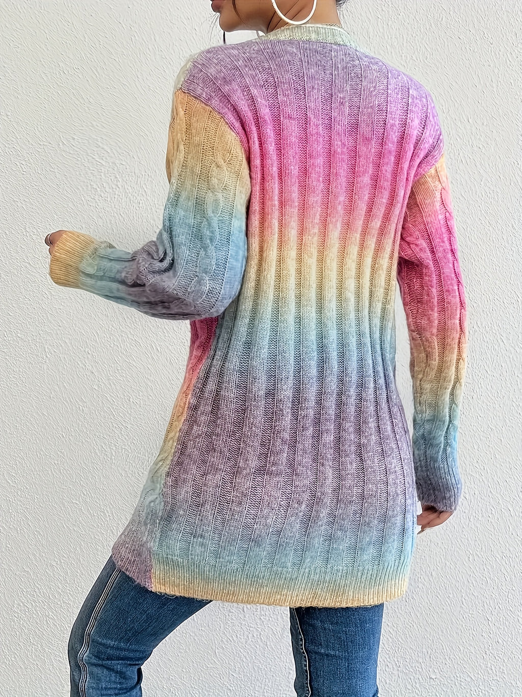 Plus Size Ombre Color Cable Knitted Cardigan, Casual Open Front Long Sleeve Cardigan For Fall & Winter, Women's Plus Size Clothing