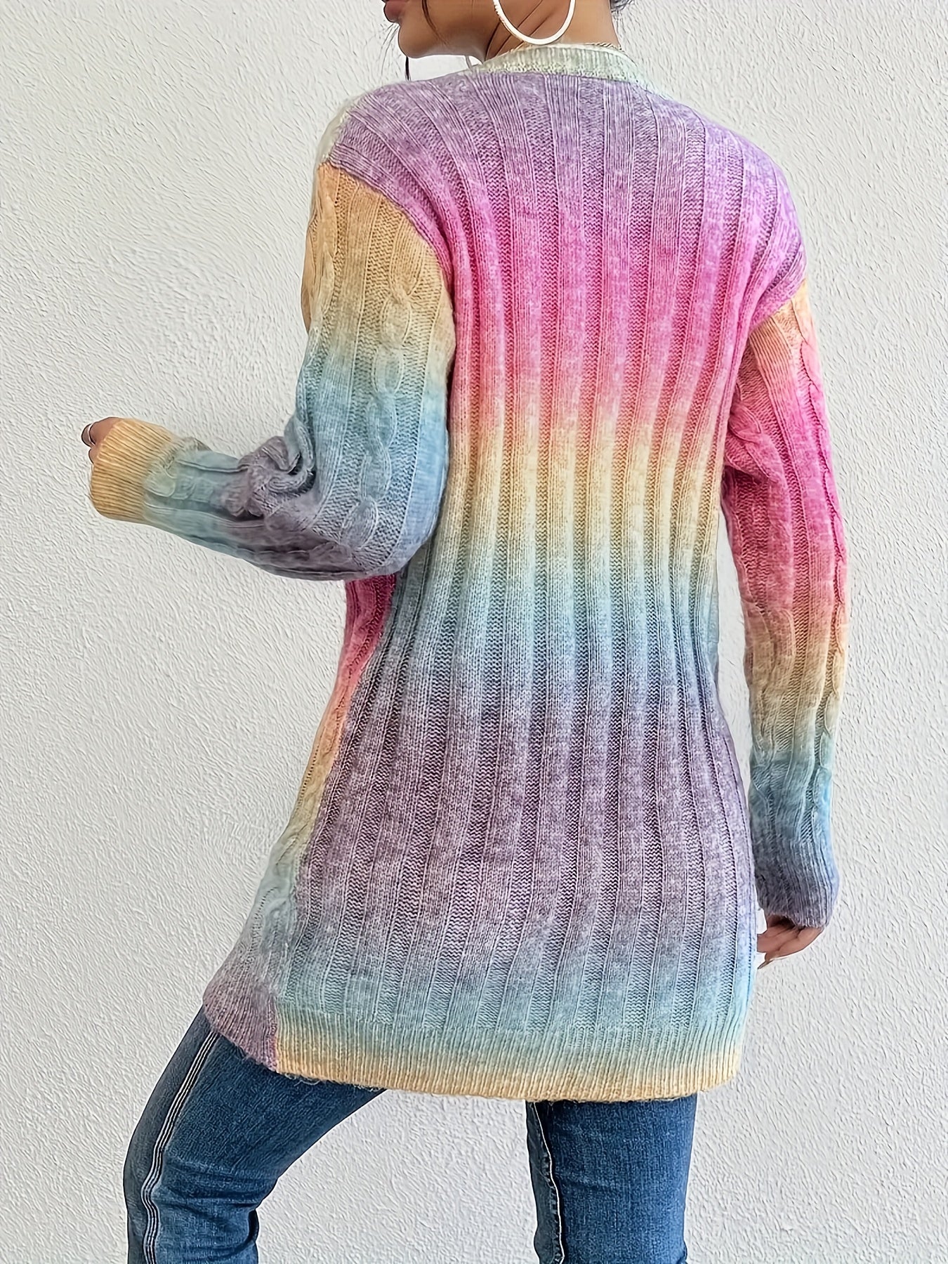 Plus Size Ombre Color Cable Knitted Cardigan, Casual Open Front Long Sleeve Cardigan For Fall & Winter, Women's Plus Size Clothing