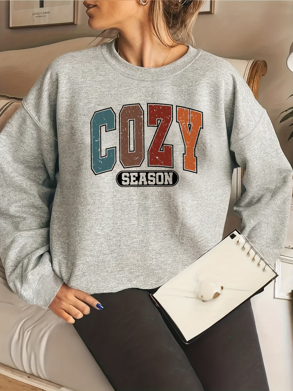 Plus Size Letter Print Sweatshirt, Casual Crew Neck Long Sleeve Pullover Sweatshirt, Women's Plus Size Clothing