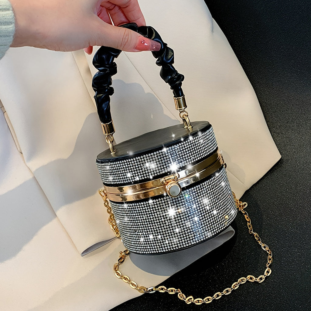 Mini Allover Rhinestone Handbag, Ruched Detail Evening Bucket Bag, Stylish Chain Shoulder Purse For Party (3.9*4.7*4.7) Inch - Rhinestone & Chain Detail - Perfect for Evening Events & Parties - Ideal Gift for Women -  For Car