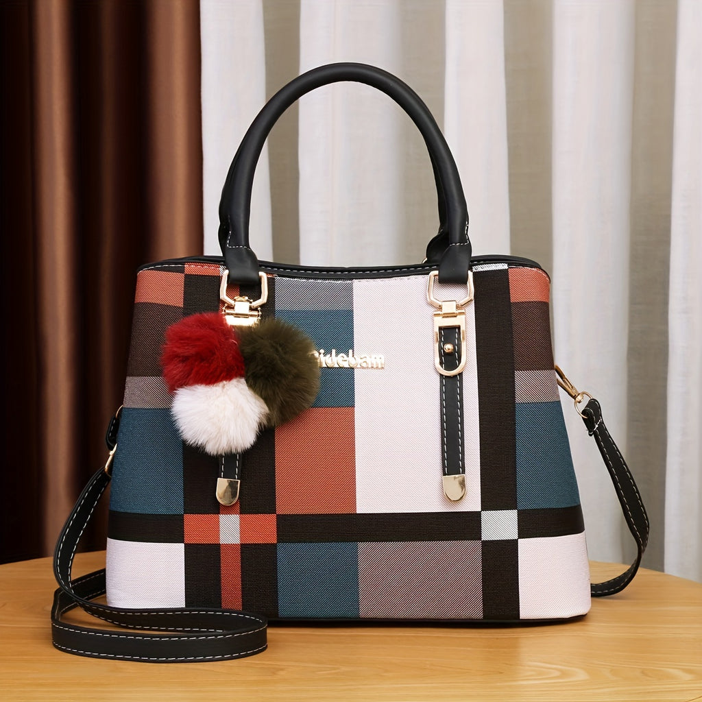 Color Stitching Plaid Crossbody Bag, PU Leather Textured Bag Purse, Classic Versatile Fashion Shoulder Bag