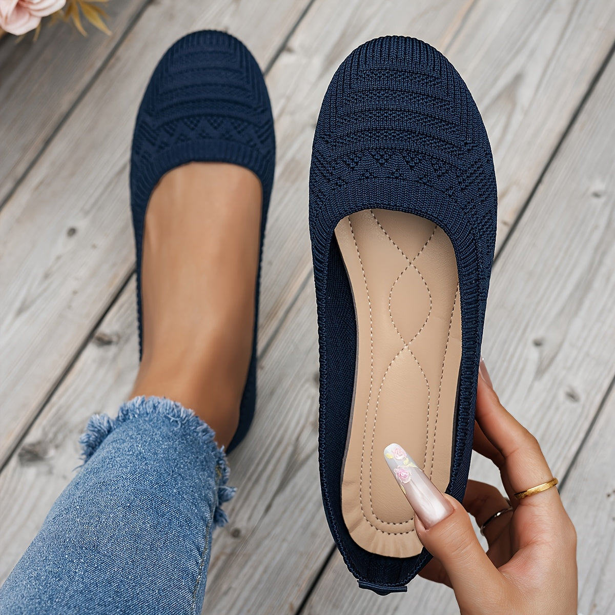 Women'S Light Blue Knit Slip-On Flats with Ankle Strap - Round Toe Casual Shoes, Comfortable Fabric Upper & Synthetic Cover Lining, All-Season Versatile for Casual Attire, Ladies Shoes