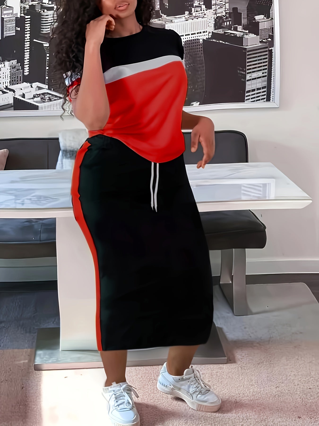 Plus Size Two-Piece Skirt Set - Crew Neck Short Sleeve Top & Drawstring Skirt Outfit with Slight Stretch, Solid Color, Knit Fabric - Comfortable, Casual, and Chic Womens Plus Size Clothing for Everyday Wear