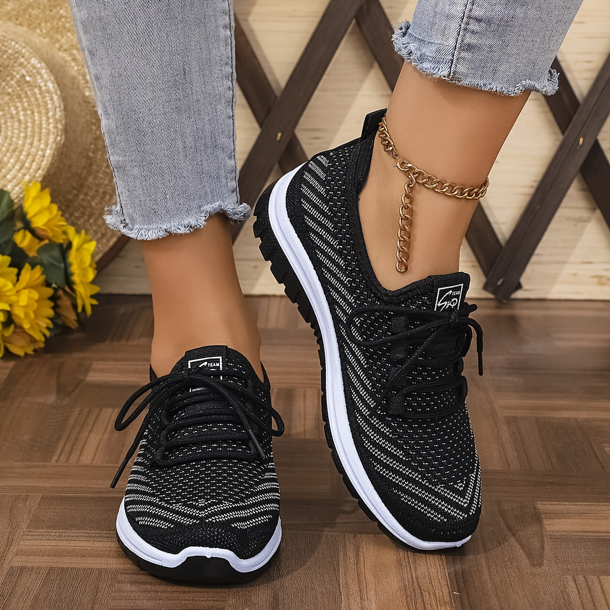 Women'S Breathable Casual Sports Shoes, Knitted Striped Pattern Lace-Up Comfortable Travel Sneakers, Outdoor Anti-Slip Lightweight Walking Beach Vacation Tennis Shoes, Women'S Sneaker, High Cut Shoe Without Lace, Aerobics Dan
