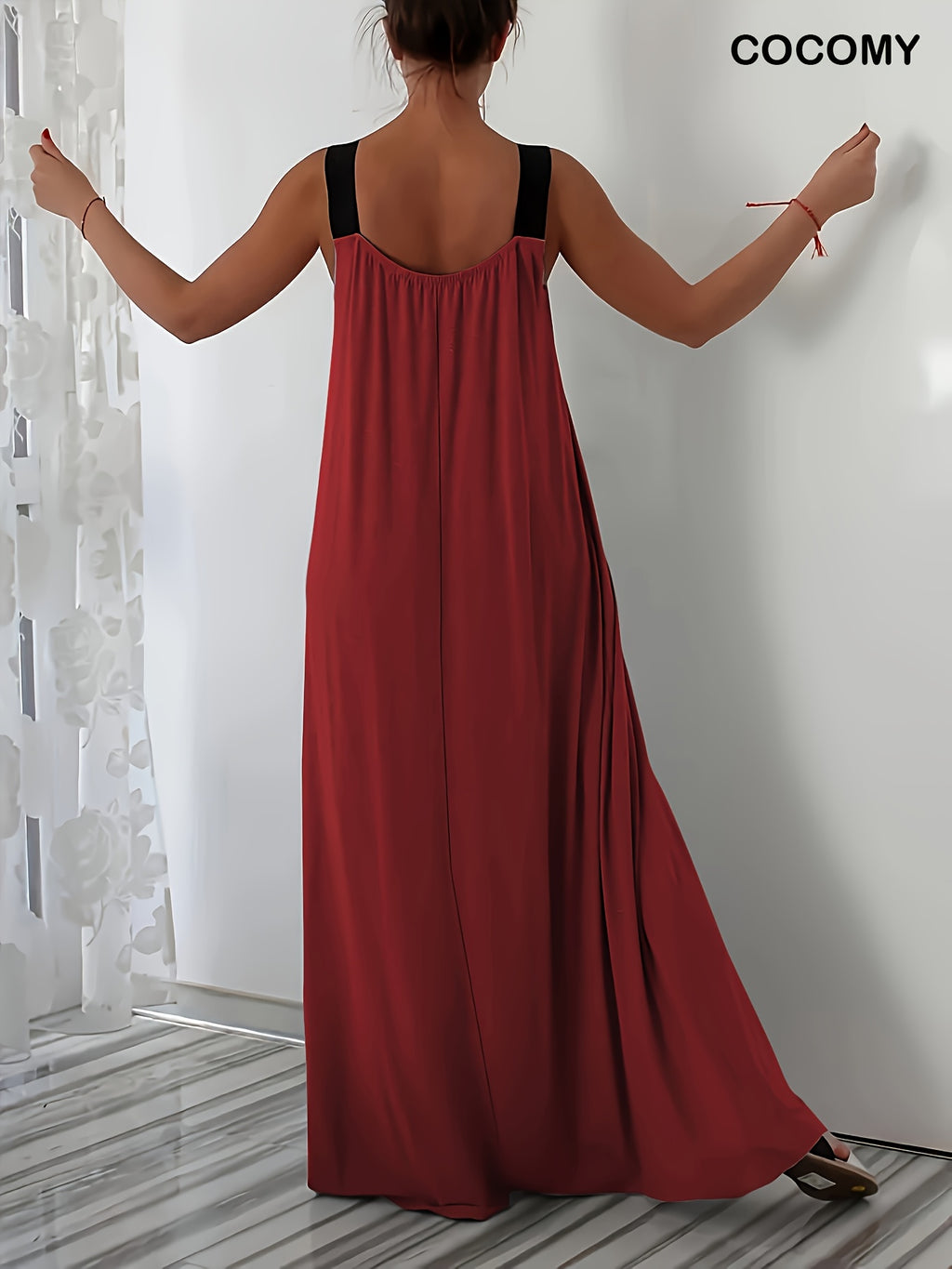 Plus Size Sleeveless Red Maxi Dress with Pockets - Elegant Square Neck, Loose Fit, Lightweight Fabric for Spring/Summer, Casual Weekend Attire, Casual Attire|Square Neckline|Stretchy Fabric