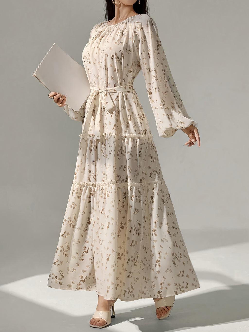 1pc Elegant Floral Print Long Sleeve Tiered Maxi Dress for Women - Polyester Crew Neck Pendulum Dress with Ditsy Flower Pattern, Woven Spring/Fall Casual Gown