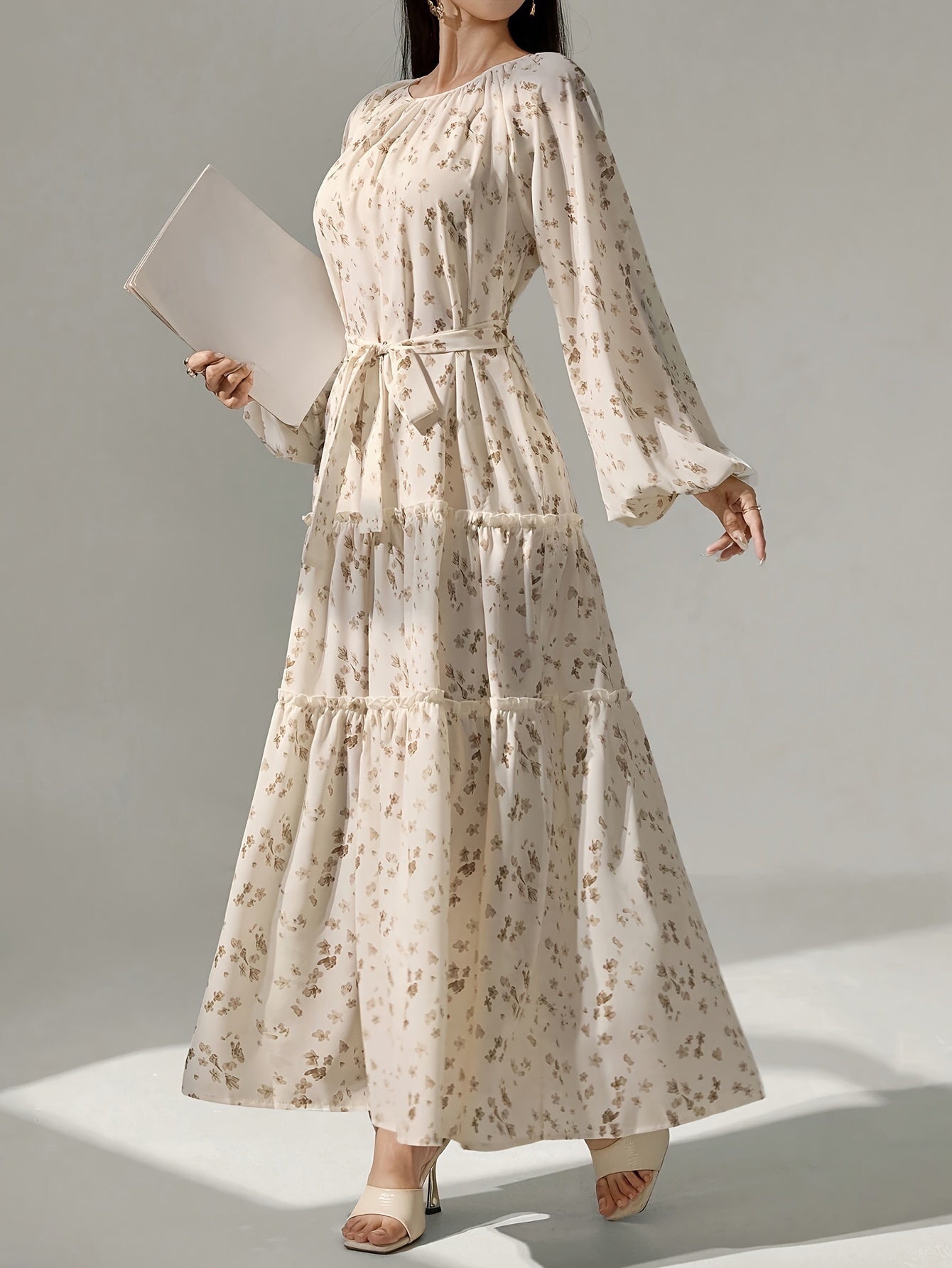 1pc Elegant Floral Print Long Sleeve Tiered Maxi Dress for Women - Polyester Crew Neck Pendulum Dress with Ditsy Flower Pattern, Woven Spring/Fall Casual Gown