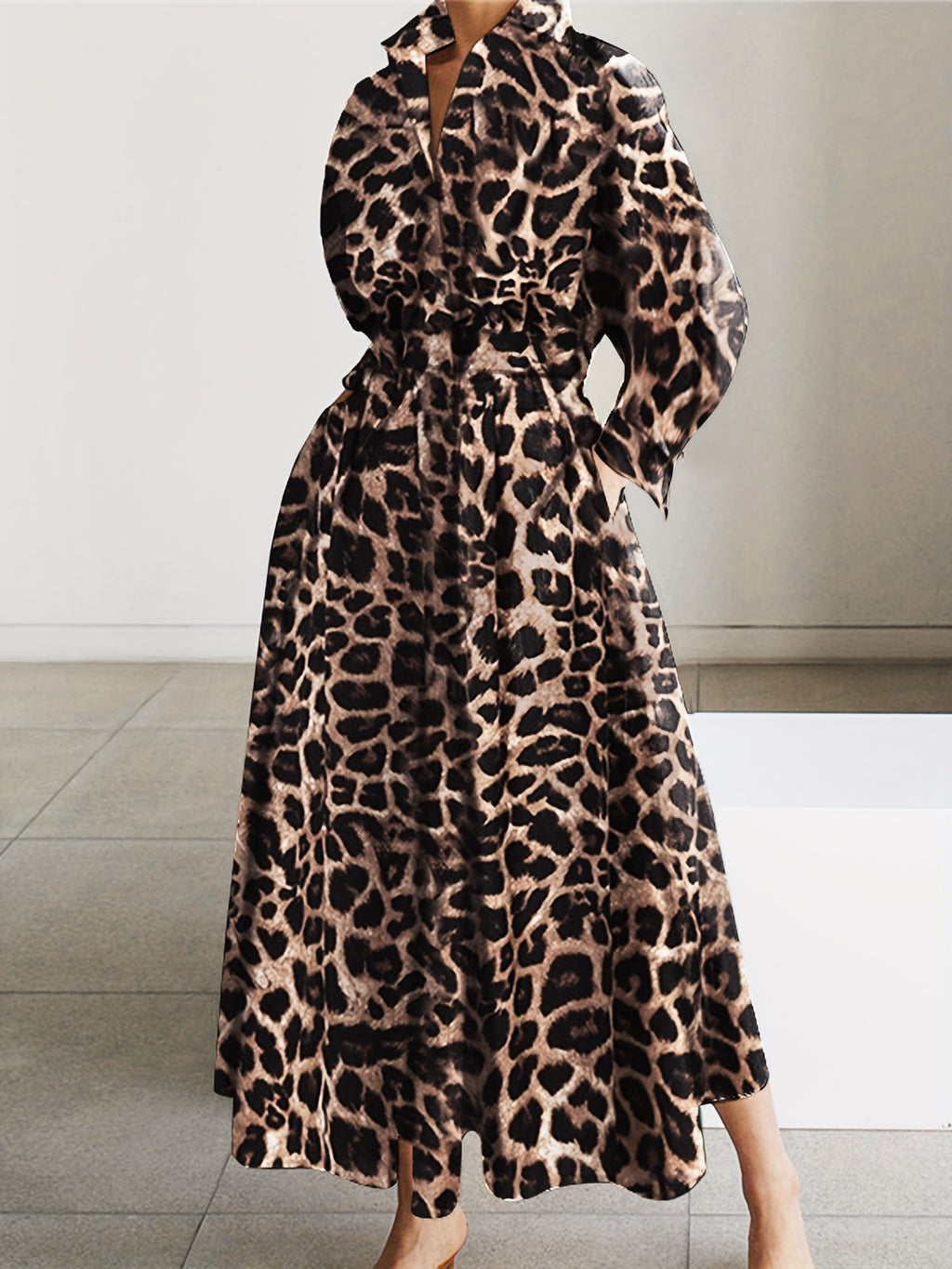 Leopard Print Maxi Dress, Casual Button Front Long Sleeve Dress, Women's Clothing