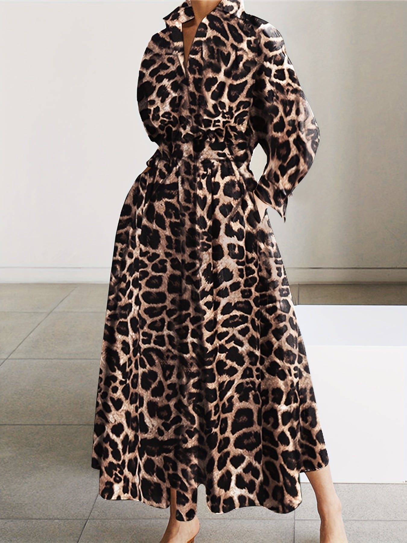 Leopard Print Maxi Dress, Casual Button Front Long Sleeve Dress, Women's Clothing