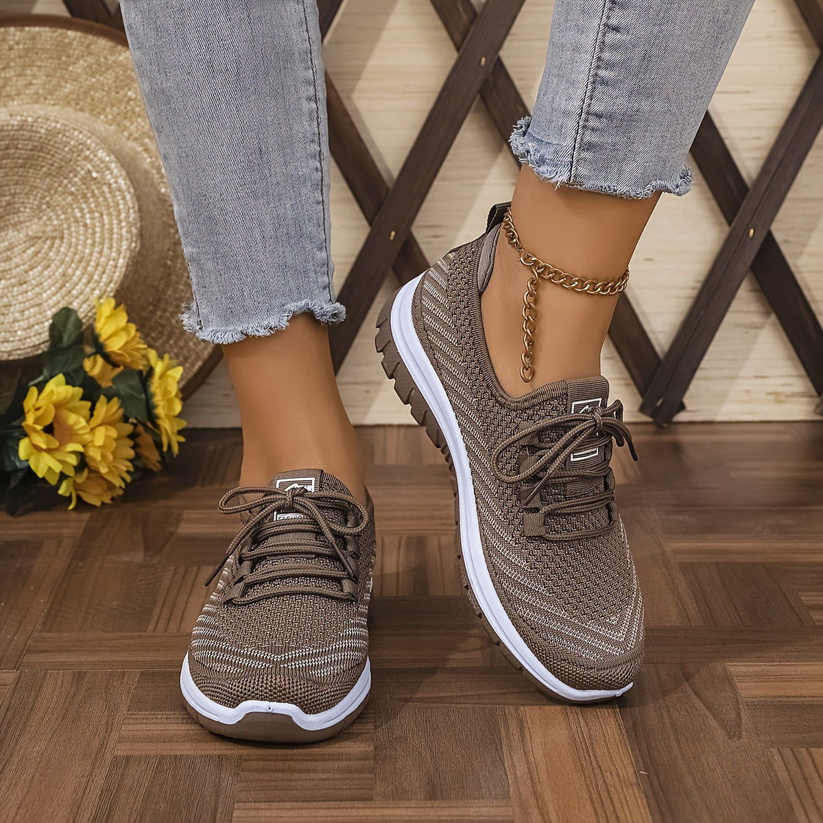 Women'S Breathable Casual Sports Shoes, Knitted Striped Pattern Lace-Up Comfortable Travel Sneakers, Outdoor Anti-Slip Lightweight Walking Beach Vacation Tennis Shoes, Women'S Sneaker, High Cut Shoe Without Lace, Aerobics Dan