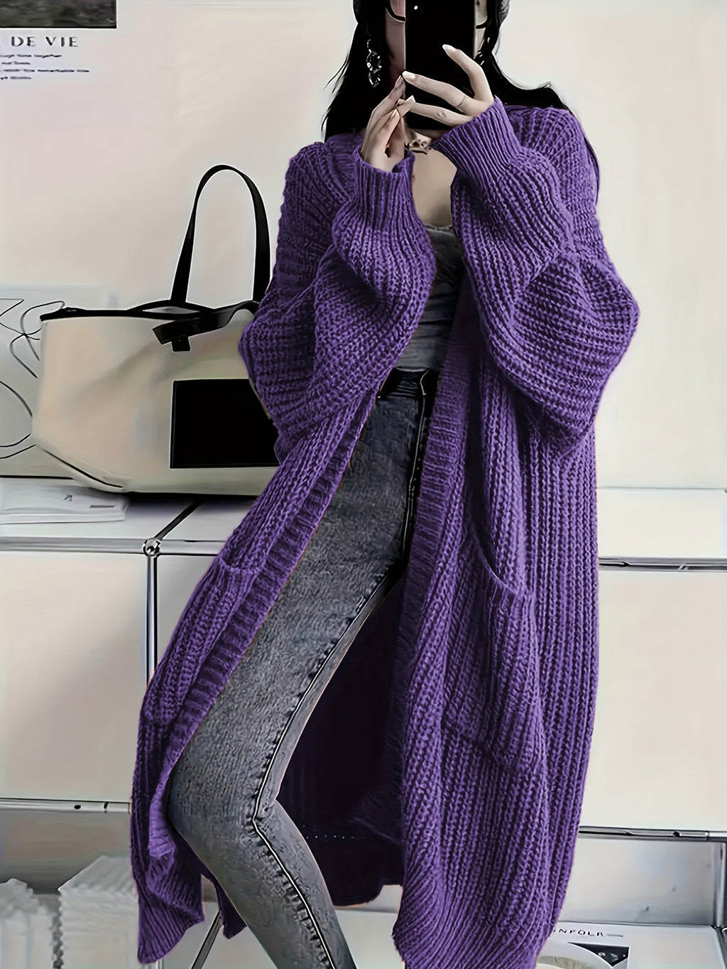 Plus Size Open Front Loose Knit Cardigan, Casual Long Sleeve Long Length Cardigan With Pocket, Women's Plus Size Clothing
