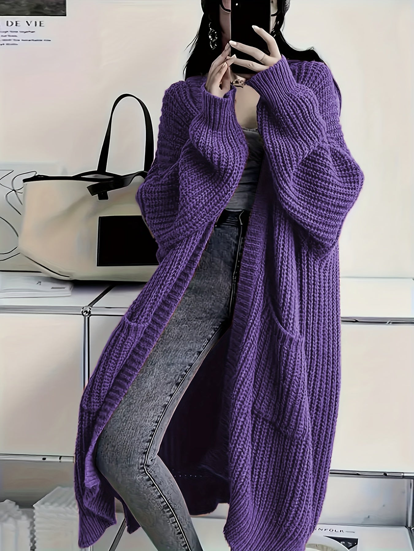 Plus Size Open Front Loose Knit Cardigan, Casual Long Sleeve Long Length Cardigan With Pocket, Women's Plus Size Clothing