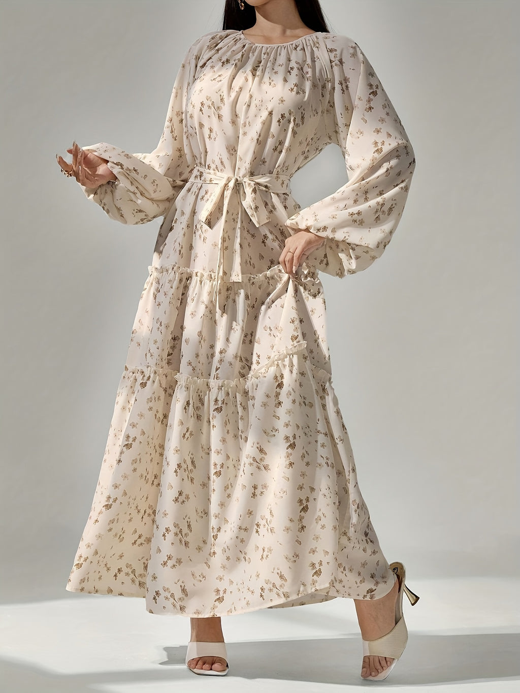 1pc Elegant Floral Print Long Sleeve Tiered Maxi Dress for Women - Polyester Crew Neck Pendulum Dress with Ditsy Flower Pattern, Woven Spring/Fall Casual Gown