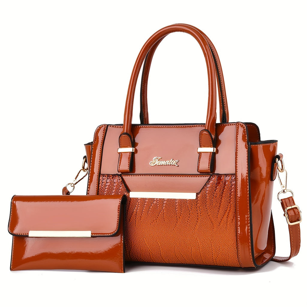 Classic Solid Color Crocodile Pattern Handbag with Clutch Purse, Textured Bags for Wo
