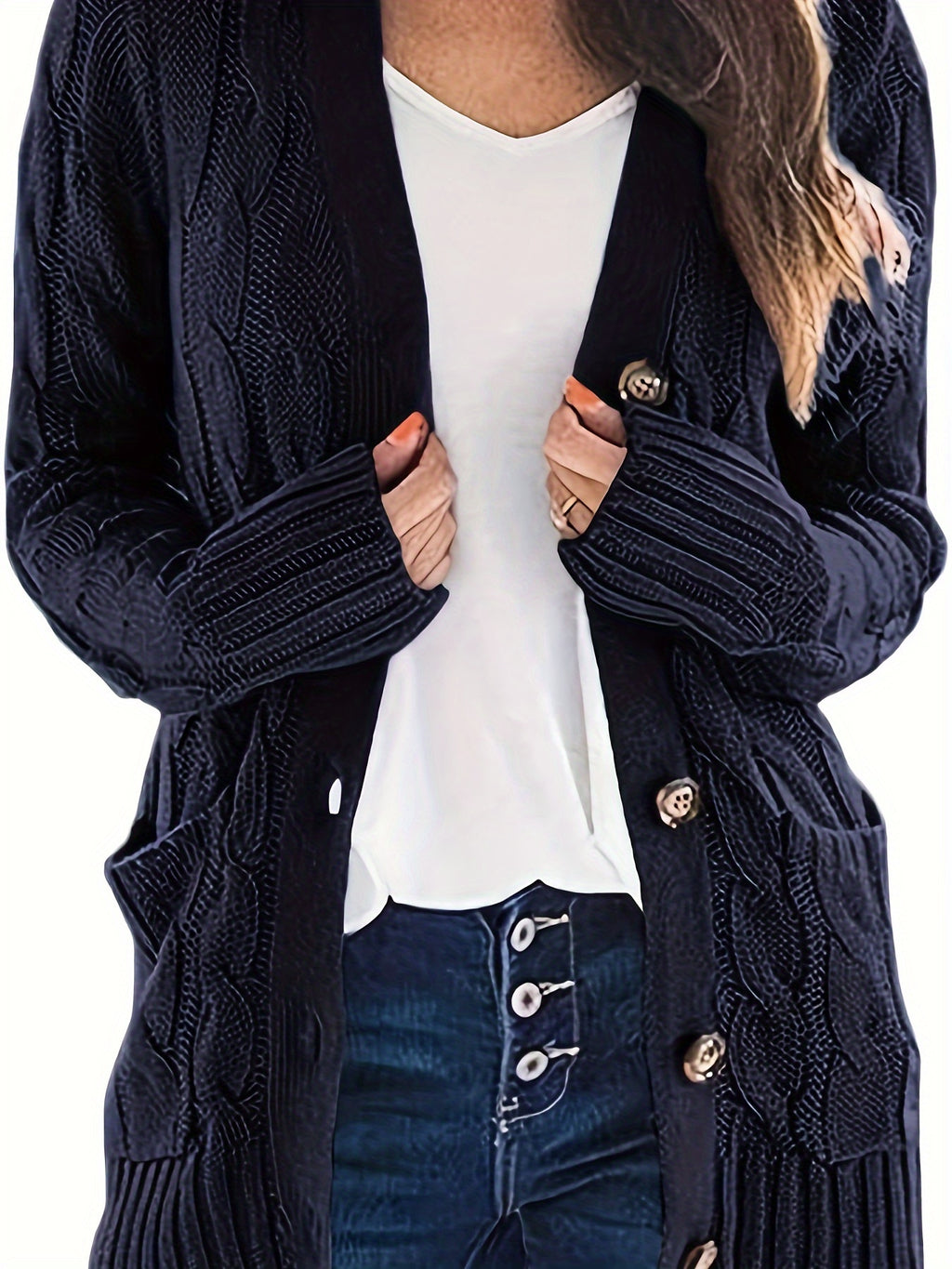 Plus Size Side Pockets Button Front Cardigans, Casual V Neck Solid Color Long Sleeve Cable Knit Cardigans Top For Winter & Fall, Women's Plus Size Clothing