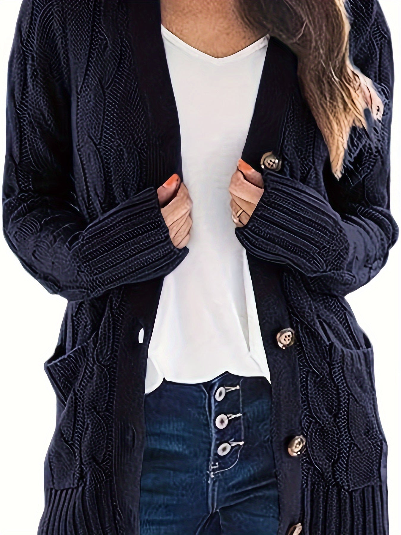 Plus Size Side Pockets Button Front Cardigans, Casual V Neck Solid Color Long Sleeve Cable Knit Cardigans Top For Winter & Fall, Women's Plus Size Clothing