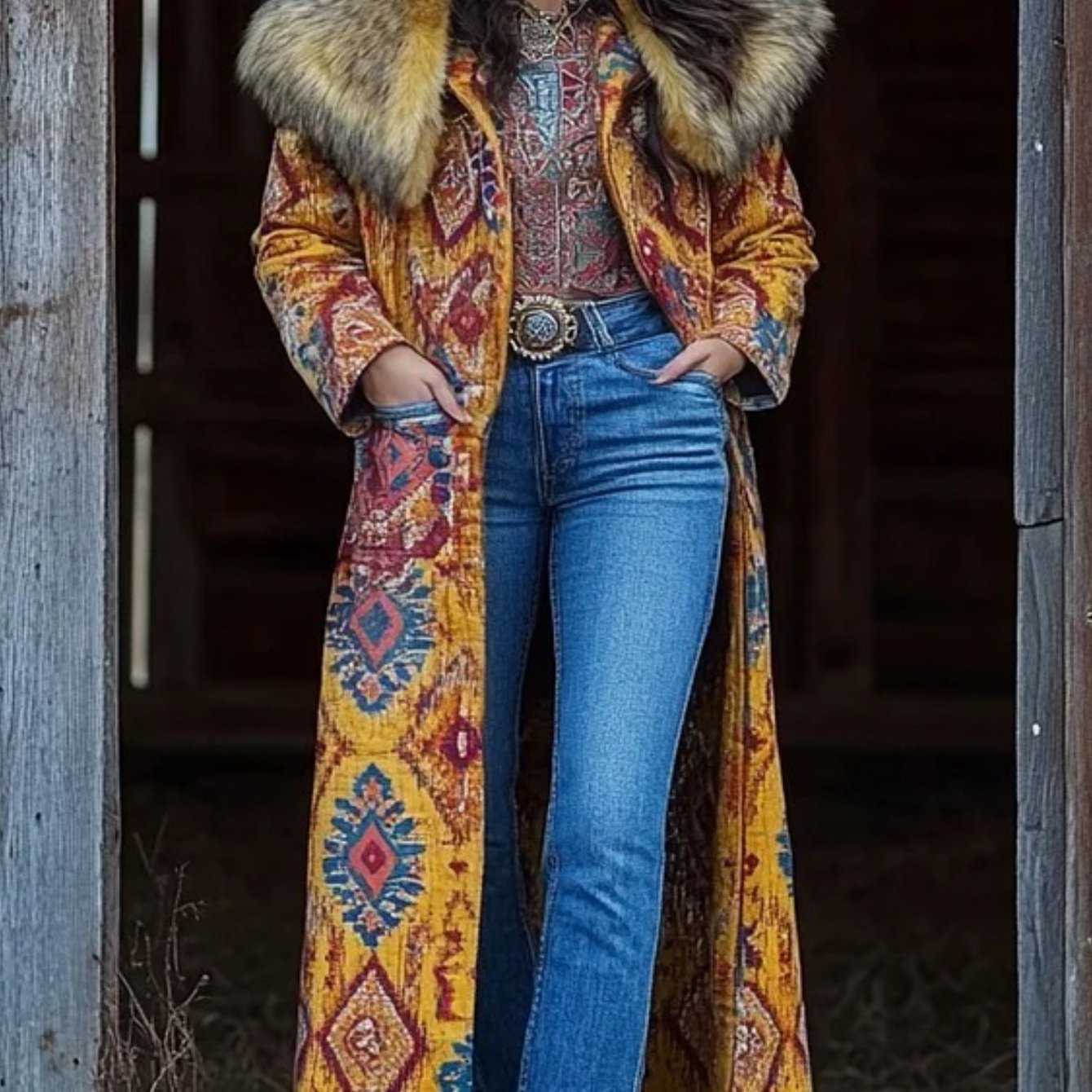 Women'S Elegant Western Style Floral Print Jacket with Large Faux Fur Collar - All-Season Warm Long Coat, Button Front Closure & Vibrant Multicolor Design (Turquoise/Red/Orange/Yellow/Pink) for Casual & Formal Outfits - Durab