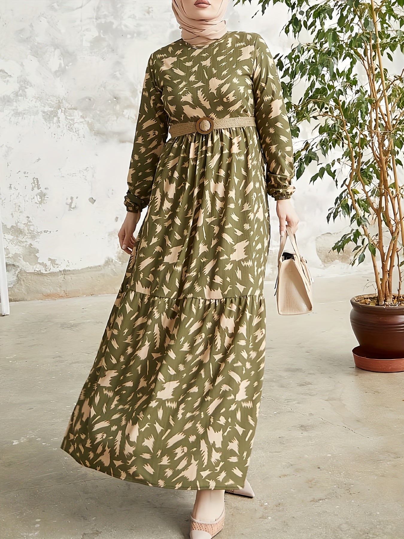 Vibrant Color Block Maxi Dress - Elastic Polyester Crew Neck Modest Dress with Belt, Machine Washable, Random Print, Woven Fabric, Perfect for Spring & Fall, Middle East Style Womens Clothing